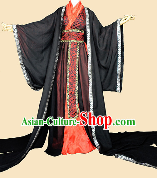 Black Red Traditional Chinese Classical Hanfu Clothing Complete Set with Long Tail