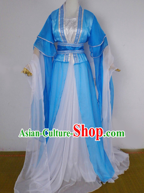 Blue and White Traditional Chinese Classical Hanfu Clothes Complete Set with Long Tail