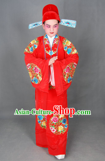 Ancient Chinese Opera Scholar Wedding Costumes and Hat Complete Set for Men