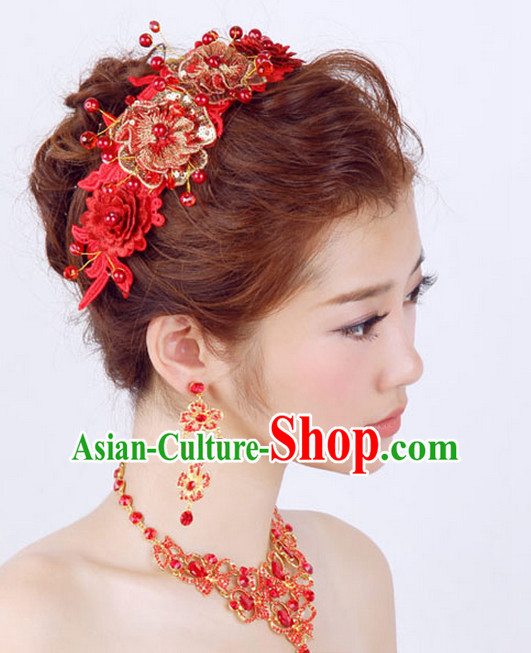 Chinese Wedding Bridal Hair Accessories Headwear Headdress Hair Accessory Hair Jewelry and Necklace Earrings Set for Women or Girls