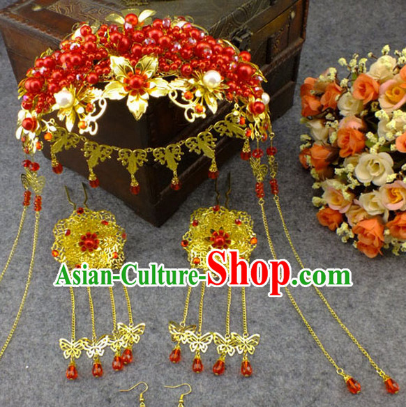 Chinese Wedding Bridal Hair Accessories Headwear Headdress Hair Accessory Hair Jewelry and Necklace Earrings Set for Women or Girls