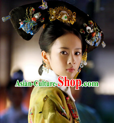 Qing Dynasty Manchu Empress Black Wigs and Head Wear Headpieces Hair Jewelry