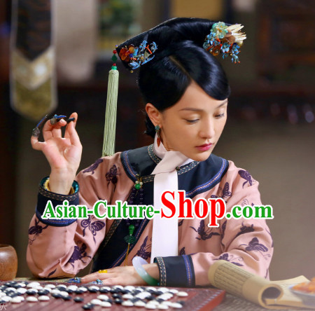 Qing Dynasty Manchu Empress Black Wigs and Head Wear Headpieces Hair Jewelry