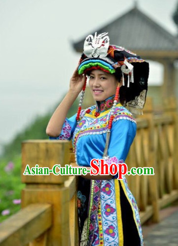 Chinese Folk Ethnic Traditional Garments and Hat Complete Set for Women