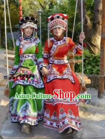 Red Chinese Folk Ethnic Traditional Clothes and Hat Complete Set for Women