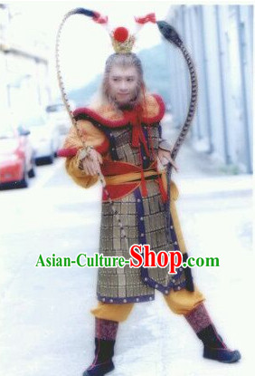 Chinese Ancient Monkey King General Armor Costumes and Feather Hat Complete Set for Men