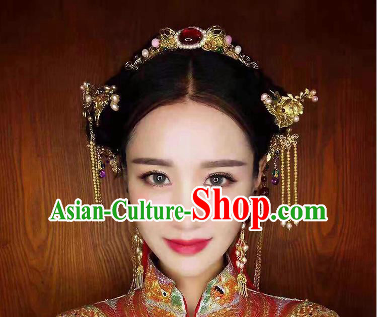 Chinese Ancient Style Hair Jewelry Accessories, Hairpins, Princess Hanfu Xiuhe Suit Wedding Bride Hair Accessories Set for Women