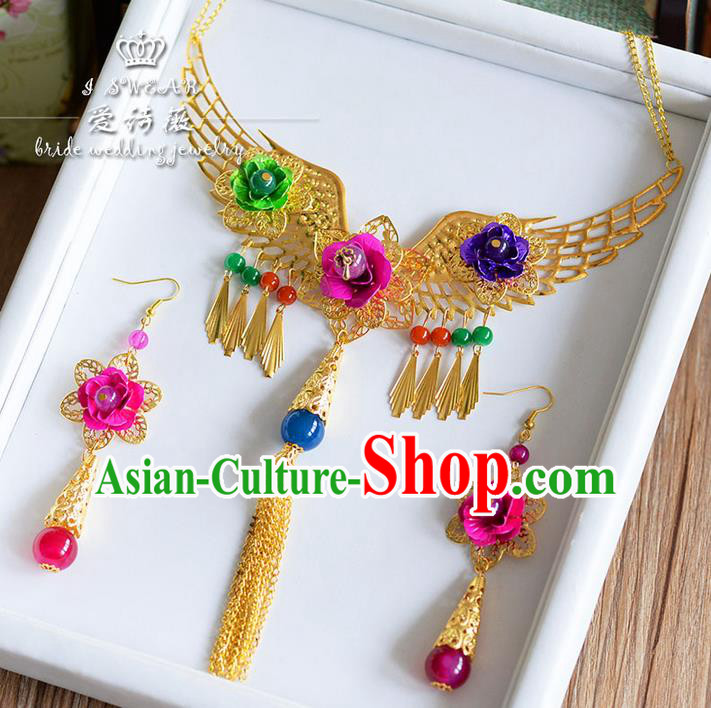 Chinese Ancient Style Jewelry Accessories, Traditional Earrings, Princess Hanfu Xiuhe Suit Wedding Bride Necklace, Necklace and Earrings Women