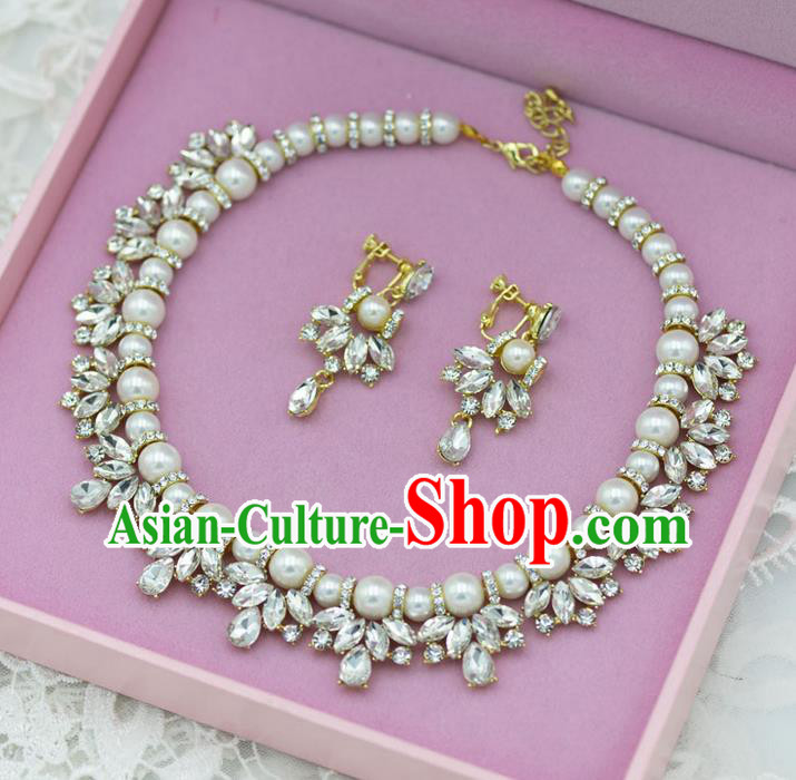 Traditional Wedding Jewelry Accessories, Palace Princess Bride Accessories, Engagement Necklaces, Wedding Earring, Baroco Style Pearl Crystal Necklace Set for Women
