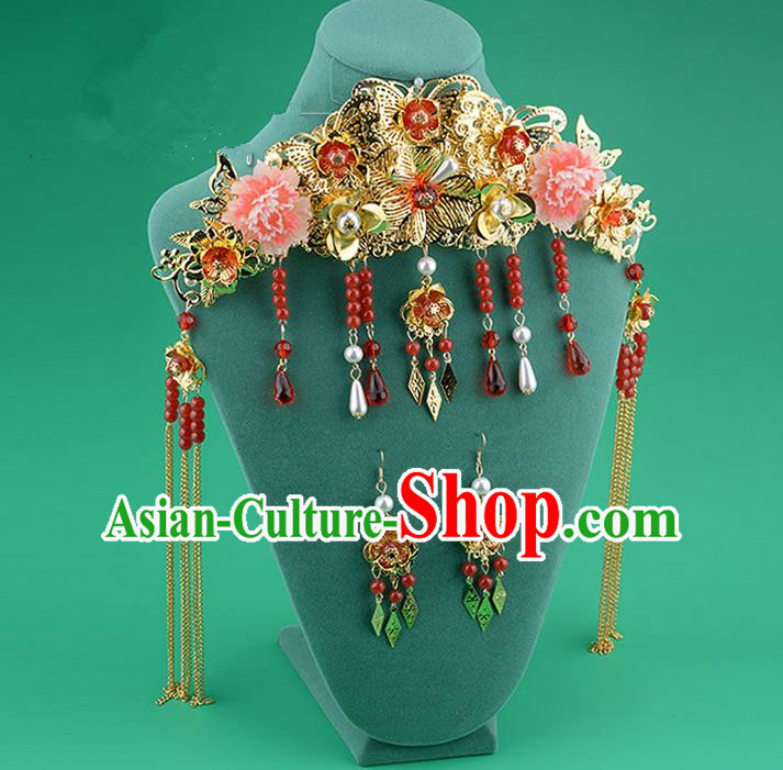 Chinese Ancient Style Hair Jewelry Accessories, Hairpins, Hanfu Xiuhe Suits Wedding Bride Headwear, Headdress, Imperial Empress Handmade Phoenix Hair Fascinators Set for Women