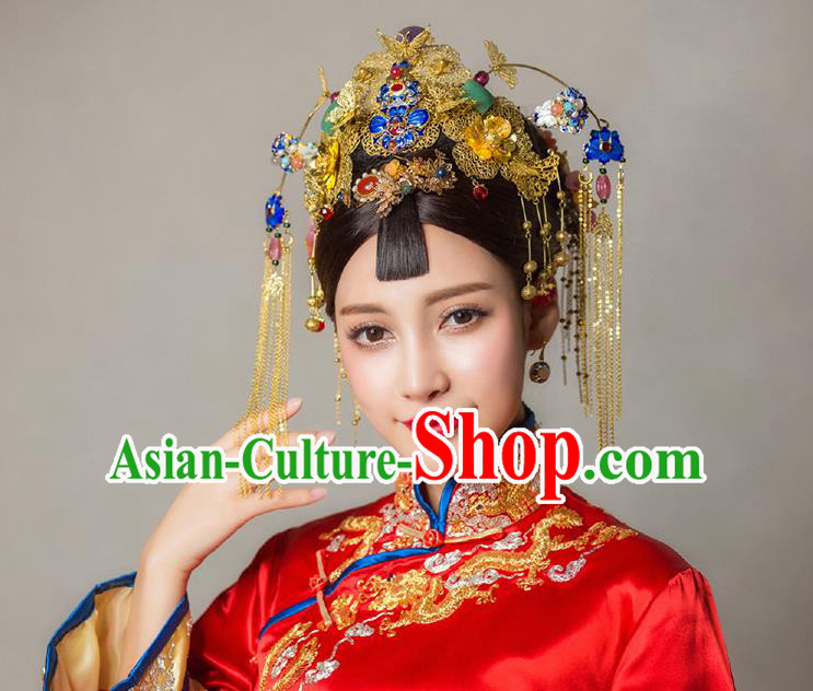 Chinese Ancient Style Hair Jewelry Accessories, Hairpins, Hanfu Xiuhe Suits Wedding Bride Headwear, Headdress, Imperial Empress Handmade Cloisonn Hair Fascinators Set for Women