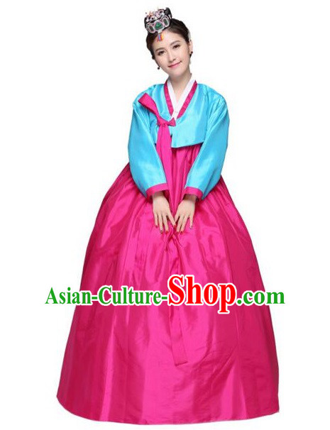 Korean Traditional Costumes Bride Dress Wedding Clothes Korean Full Dress Formal Attire Ceremonial Dress Court Stage Dancing Blue Top Red Skirt