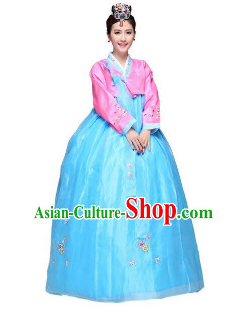 Korean Traditional Costumes Bride Dress Wedding Clothes Korean Full Dress Formal Attire Ceremonial Dress Court Stage Dancing Blue Top Red Skirt