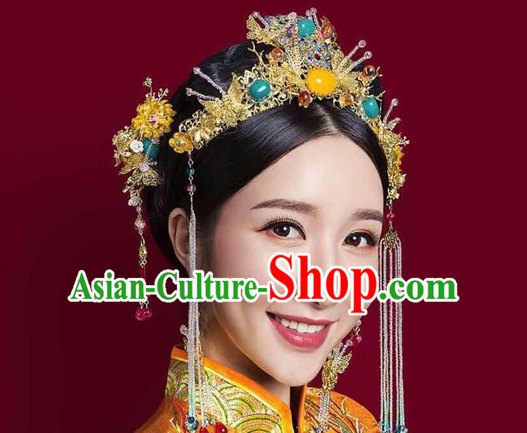 Chinese Ancient Style Hair Jewelry Accessories, Hairpins, Hanfu Xiuhe Suits Wedding Bride Headwear, Headdress, Imperial Empress Handmade Hair Fascinators Set for Women