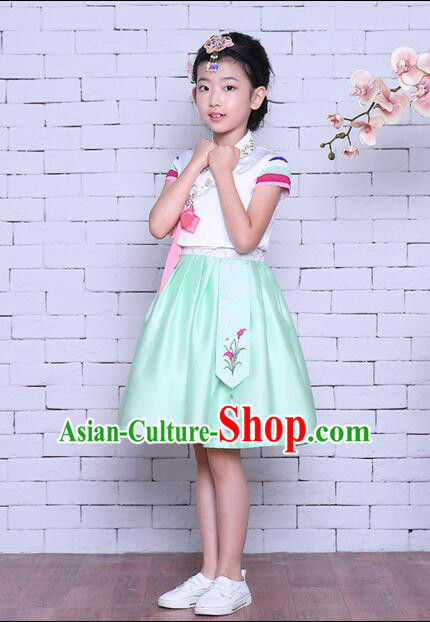 Korean Children Dress Traditional Girl Clothes Princess Stage Show Costumes Kids Formal Attire Dancing White Top Green Skirt