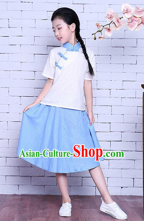 Girl Dress Chinese Traditional Clothes Stage Ceremonial Costumes Kid Show Ancient Wearing Women White Top Blue Skirt Summer