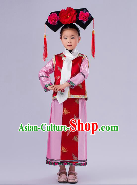 Ancient Chinese Palace Costumes Complete Set, Traditional Qing Dynasty Ancient Princess Skirt, Manchu Children Clothing, Cosplay Manchu Princess Dress Suits for Kids