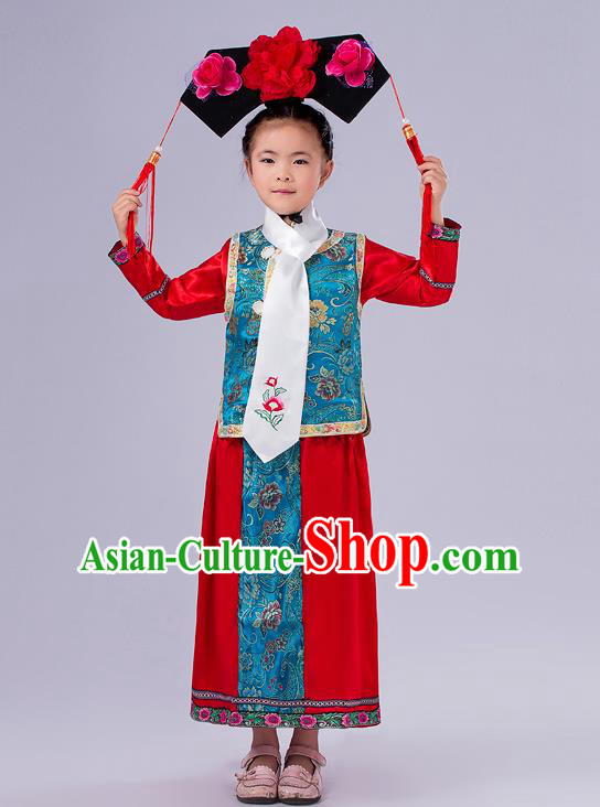 Ancient Chinese Palace Costumes Complete Set, Traditional Qing Dynasty Ancient Princess Skirt, Manchu Children Clothing, Cosplay Manchu Princess Dress Suits for Kids