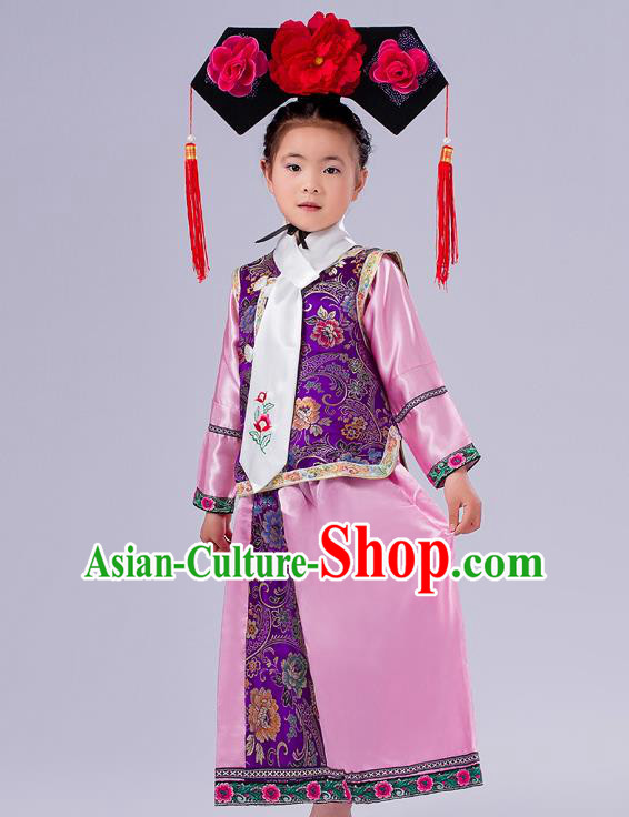 Ancient Chinese Palace Costumes Complete Set, Traditional Qing Dynasty Ancient Princess Skirt, Manchu Children Clothing, Cosplay Manchu Princess Dress Suits for Kids