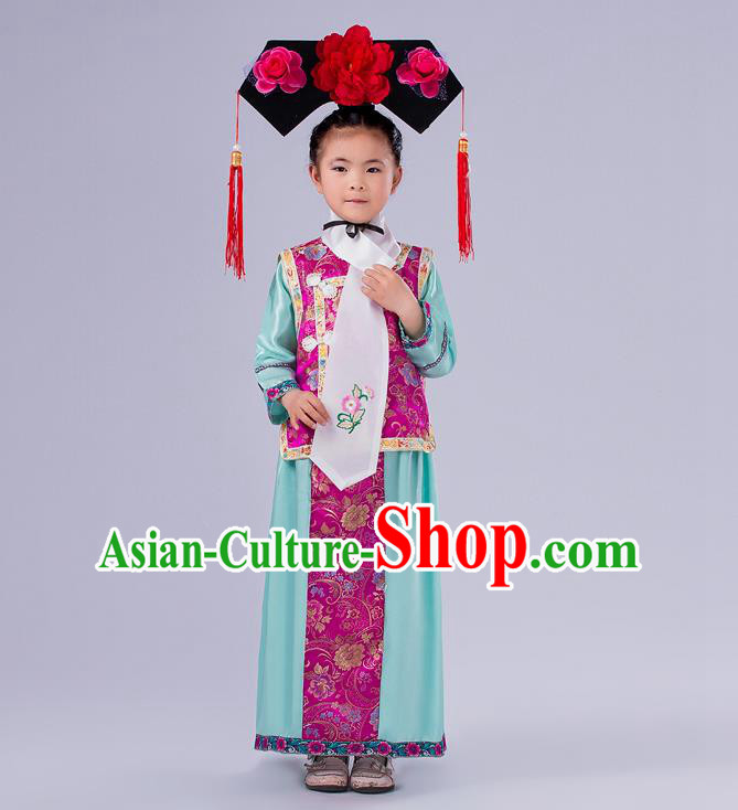 Ancient Chinese Palace Costumes Complete Set, Traditional Qing Dynasty Ancient Princess Skirt, Manchu Children Clothing, Cosplay Manchu Princess Dress Suits for Kids