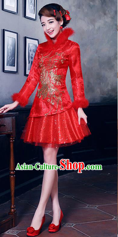 Ancient Chinese Costumes, Manchu Clothing, Hotel Etiquette Improved Cheongsam, Traditional Red Cheongsam Wedding Toast Dress for Bride