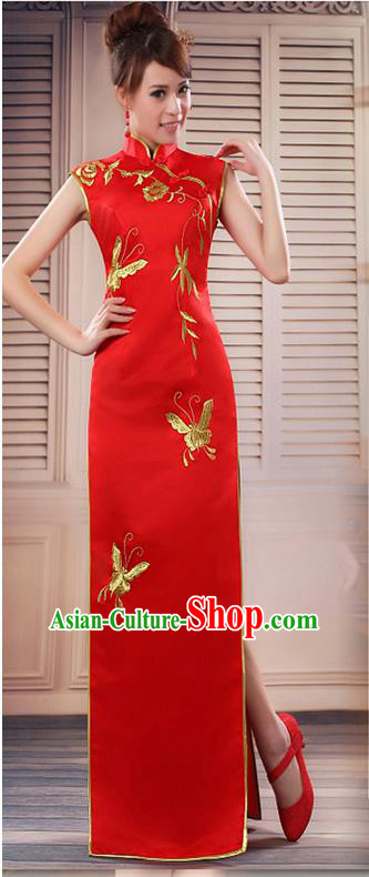 Ancient Chinese Costumes, Manchu Clothing, Hotel Etiquette Improved Cheongsam, Traditional Red Cheongsam Wedding Toast Dress for Bride