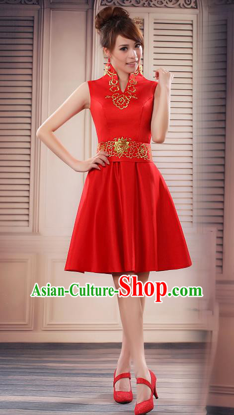 Ancient Chinese Costumes, Manchu Clothing, Hotel Etiquette Improved Short Cheongsam, Traditional Red Cheongsam Wedding Toast Dress for Bride