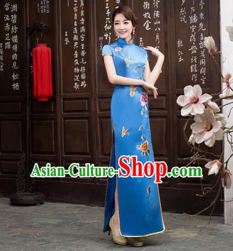 Ancient Chinese Costumes, Manchu Clothing Qipao, Retro Silk Long Embroidered Cheongsam, Traditional Red Fish Tail Cheongsam Wedding Toast Dress for Bride