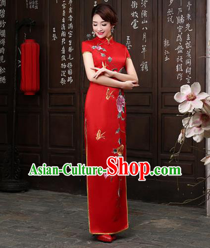 Ancient Chinese Costumes, Manchu Clothing Qipao, Retro Silk Long Embroidered Cheongsam, Traditional Red Fish Tail Cheongsam Wedding Toast Dress for Bride