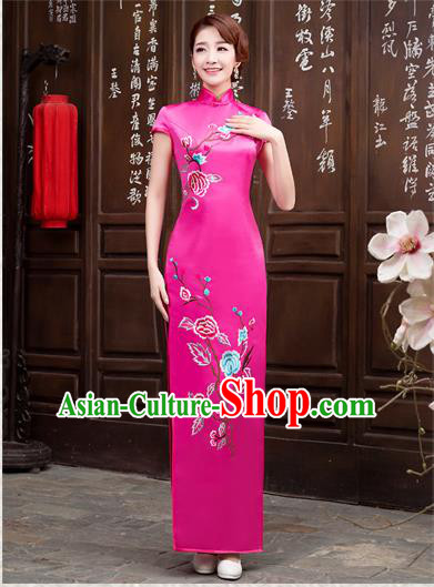 Ancient Chinese Costumes, Manchu Clothing Qipao, Improved Long Silk Mandarin Collar Embroidered Cheongsam, Traditional Cheongsam Wedding Toast Dress for Bride