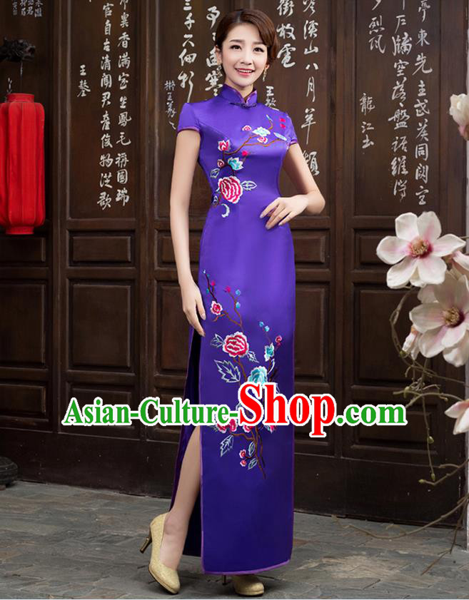 Ancient Chinese Costumes, Manchu Clothing Qipao, Improved Long Silk Mandarin Collar Embroidered Cheongsam, Traditional Cheongsam Wedding Toast Dress for Bride