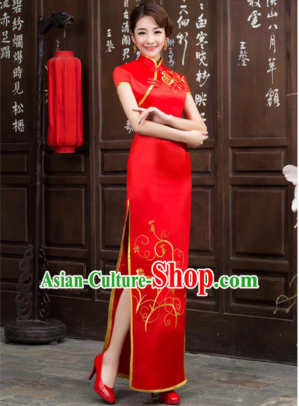 Ancient Chinese Costumes, Manchu Clothing Qipao, Retro Long Silk Mandarin Collar Embroidered Cheongsam, Traditional Cheongsam Wedding Toast Dress for Bride