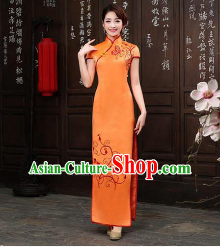 Ancient Chinese Costumes, Manchu Clothing Qipao, Retro Long Silk Mandarin Collar Embroidered Cheongsam, Traditional Cheongsam Wedding Toast Dress for Bride