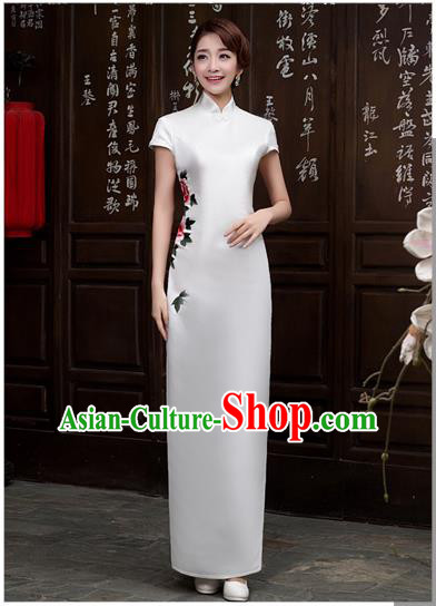 Ancient Chinese Costumes, Manchu Clothing Qipao, Retro Long Silk Mandarin Collar Embroidered Cheongsam, Traditional Cheongsam Wedding Toast Dress for Bride