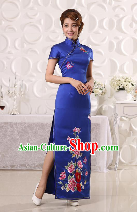 Ancient Chinese Costumes, Manchu Clothing Qipao, Retro Mandarin Collar Embroidered Long Silk Cheongsam, Traditional Cheongsam Wedding Toast Dress for Bride