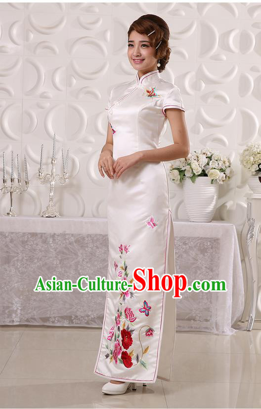 Ancient Chinese Costumes, Manchu Clothing Qipao, Retro Mandarin Collar Embroidered Long Silk Cheongsam, Traditional Cheongsam Wedding Toast Dress for Bride