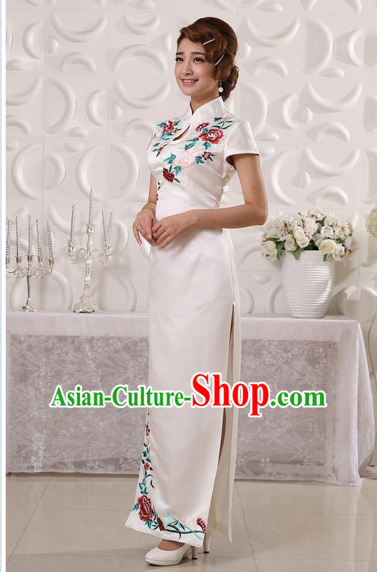 Ancient Chinese Costumes, Manchu Clothing Qipao, Retro Mandarin Collar Embroidered Long Silk Cheongsam, Traditional Cheongsam Wedding Toast Dress for Bride