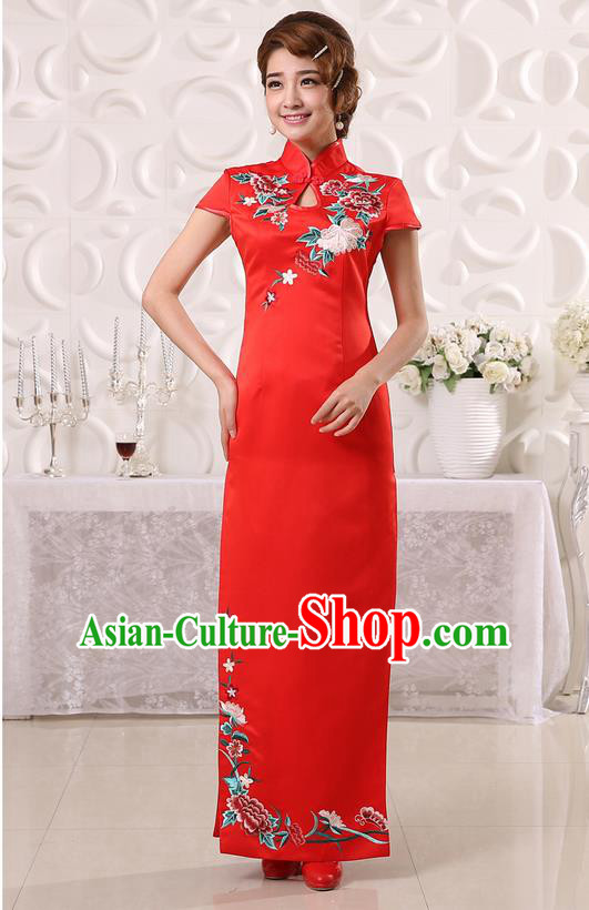 Ancient Chinese Costumes, Manchu Clothing Qipao, Retro Mandarin Collar Embroidered Long Silk Cheongsam, Traditional Red Cheongsam Wedding Toast Dress for Bride