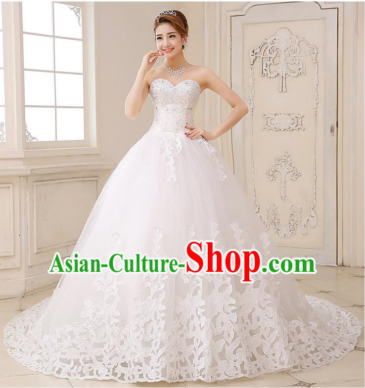 Traditional Chinese Bride Strapless Wedding Dress, Chapel Train Wedding Gown Wedding Dress for Women