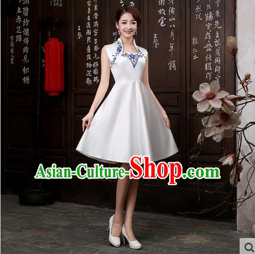 Ancient Chinese Costumes, Manchu Clothing Qipao, Improved Short Silk Cheongsam, Traditional Cheongsam Wedding Toast Dress for Bride