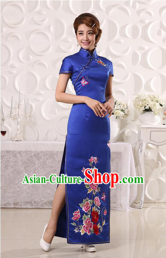 Ancient Chinese Costumes, Manchu Clothing Qipao, Retro Mandarin Collar Embroidered Long Silk Cheongsam, Traditional Cheongsam Wedding Toast Dress for Bride