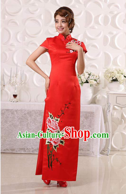 Ancient Chinese Costumes, Manchu Clothing Qipao, Retro Mandarin Collar Embroidered Long Silk Cheongsam, Traditional Red Cheongsam Wedding Toast Dress for Bride