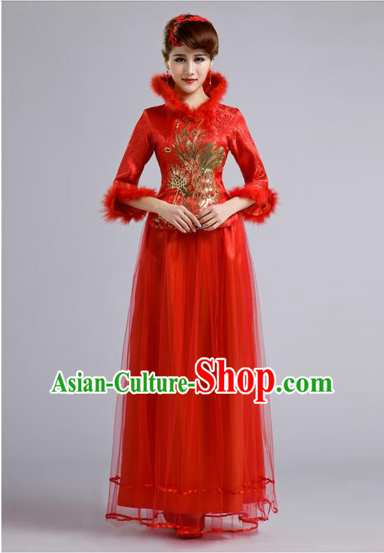 Ancient Chinese Costumes, Manchu Clothing Qipao, Retro Mandarin Collar Embroidered Long Silk Cheongsam, Traditional Red Cheongsam Wedding Toast Dress for Bride