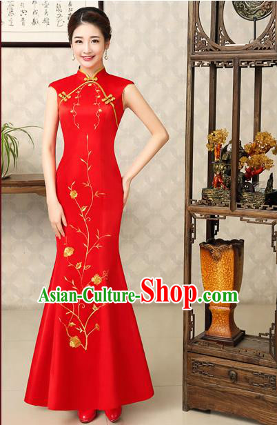 Ancient Chinese Costumes, Manchu Clothing Qipao, Retro Mandarin Collar Embroidered Long Silk Cheongsam, Traditional Fish Tail Red Cheongsam Wedding Toast Dress for Bride