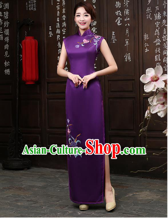 Ancient Chinese Costumes, Manchu Clothing Qipao, Retro Mandarin Collar Embroidered Silk Long Cheongsam, Traditional Cheongsam Wedding Toast Dress for Bride