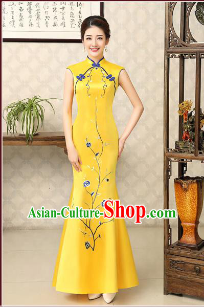 Ancient Chinese Costumes, Manchu Clothing Qipao, Retro Mandarin Collar Embroidered Silk Long Cheongsam, Traditional Fish Tail Cheongsam Wedding Toast Dress for Bride