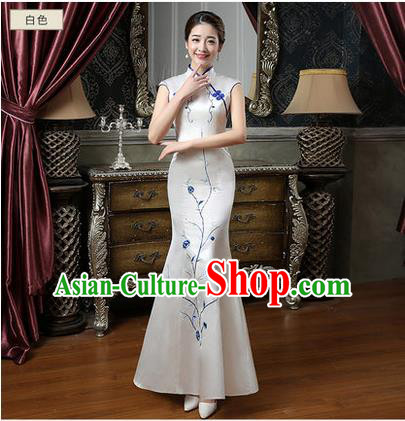 Ancient Chinese Costumes, Manchu Clothing Qipao, Retro Mandarin Collar Embroidered Silk Long Cheongsam, Traditional Fish Tail Cheongsam Wedding Toast Dress for Bride