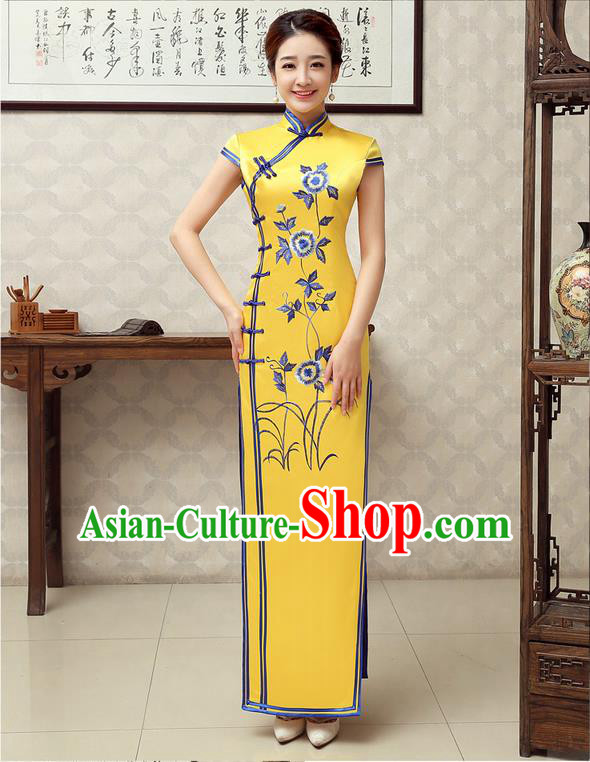 Ancient Chinese Costumes, Manchu Clothing Qipao, Improved Mandarin Collar Embroidered Silk Long Cheongsam, Traditional Cheongsam Wedding Toast Dress for Bride