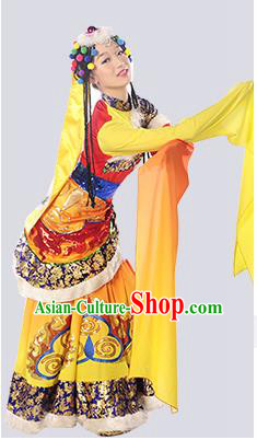 Traditional Chinese Zang Nationality Dancing Costume, Folk Dance Ethnic Costume, Chinese Minority Nationality Tibetan Dance Costume for Women