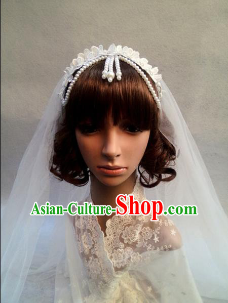 Chinese Wedding Jewelry Accessories, Traditional Bride Headwear, Wedding Tiaras, Imperial Bridal Wedding Lace Bowknot Pearl Veil Hair Clasp